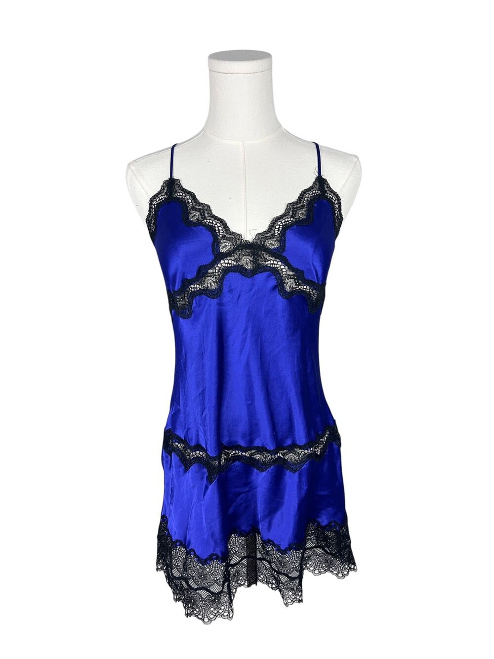 Victoria's Secret Purple Satin V Neck Adjustable Black Lace Trim Mini Slip Dress